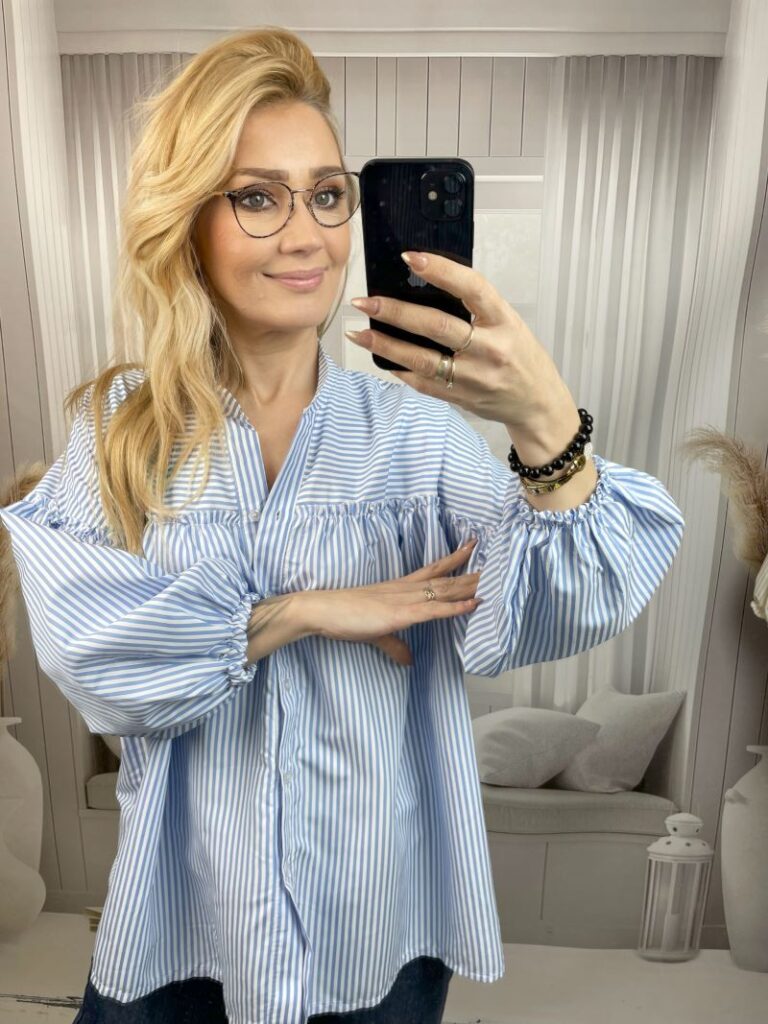 Koszula w Paski z Balonowym Rękawem Błękit Koszula w Paski z Balonowym Rękawem Błękit