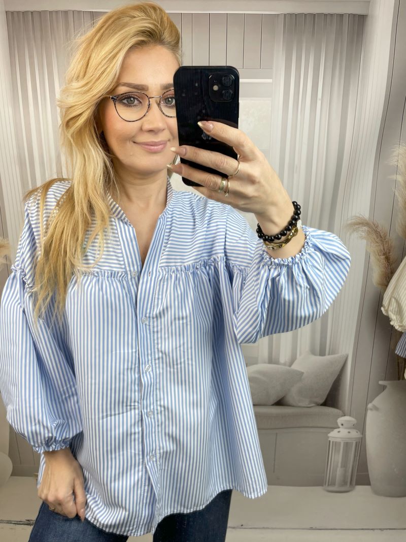 Koszula w Paski z Balonowym Rękawem Błękit Koszula w Paski z Balonowym Rękawem Błękit