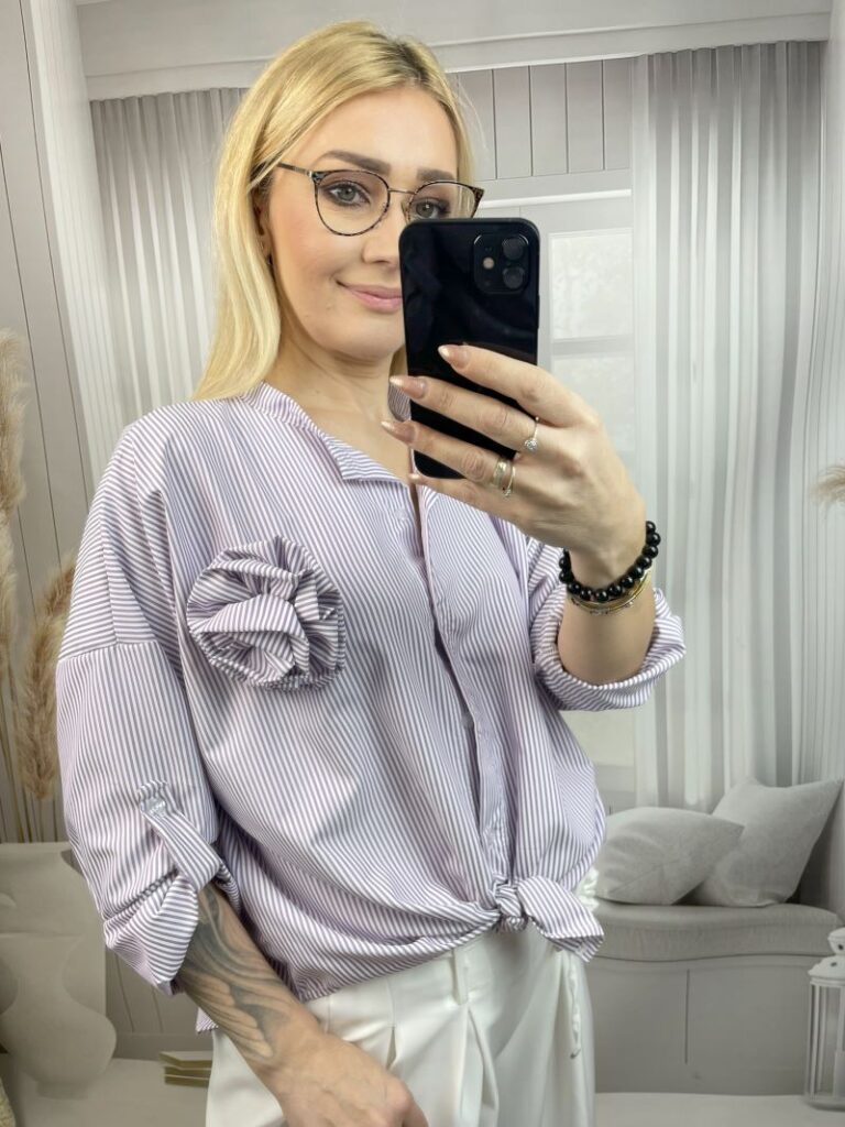 Koszula w Paski z Broszką z Różaną Fiolet