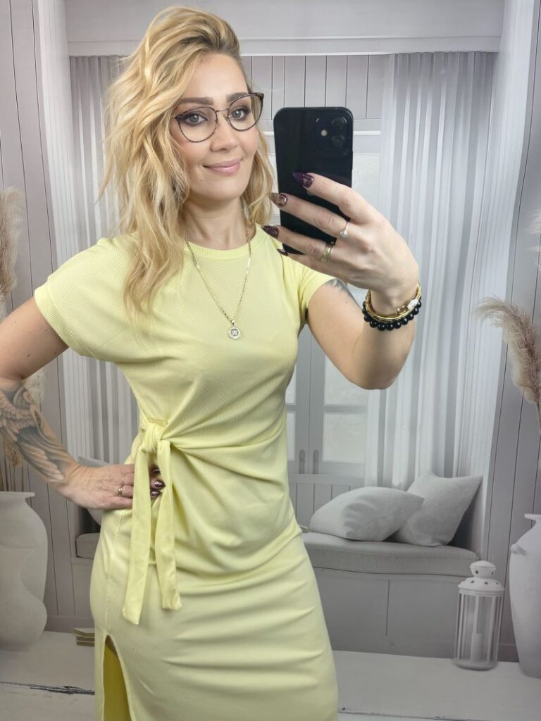 Klasyczna Sukienka Prążkowana z Wiązaniem na Boku - Żółty  L/XL