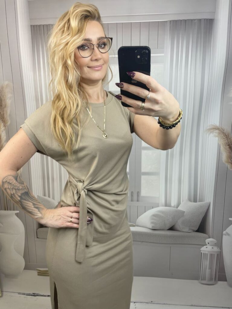 Klasyczna Sukienka Prążkowana z Wiązaniem na Boku - Beż  L/XL