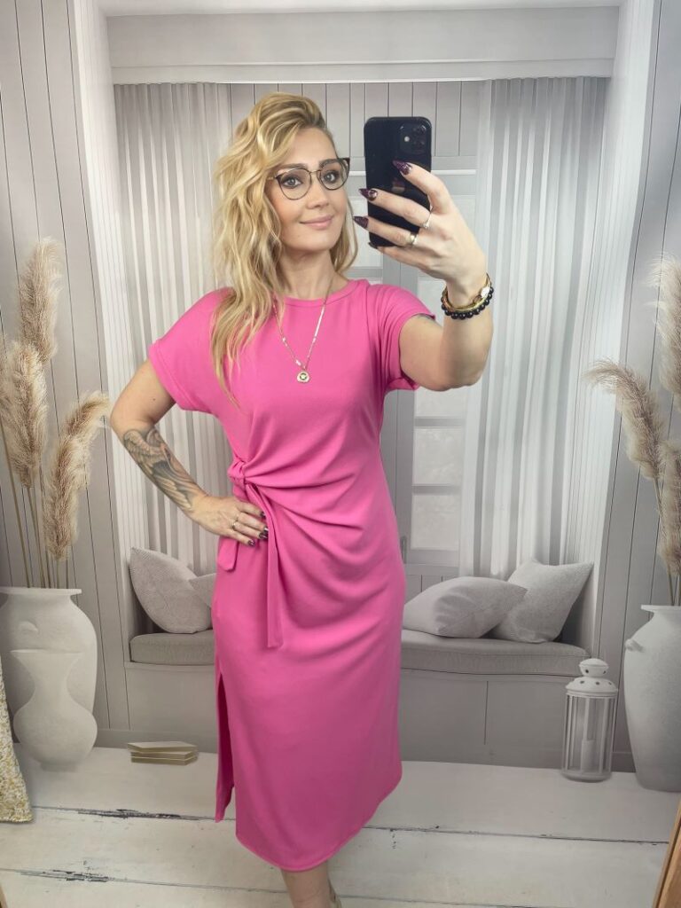 Klasyczna Sukienka Prążkowana z Wiązaniem na Boku - Cukierkowy Róż S/M