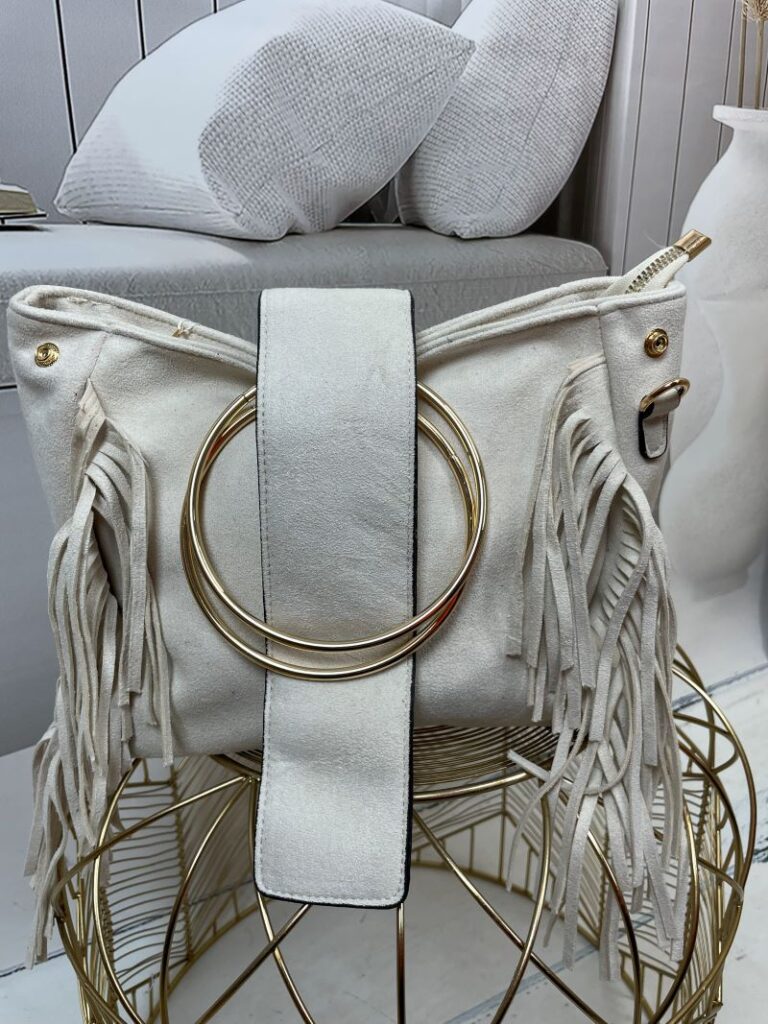 Torebka z Eko Zamszu z Frędzlami Śmietankowa