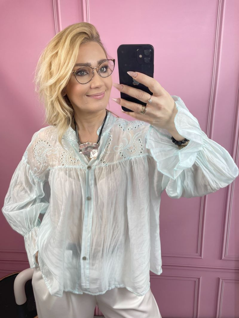 Koszula Transparentna z Haftem - Mięta Koszula Transparentna z Haftem - Mięta