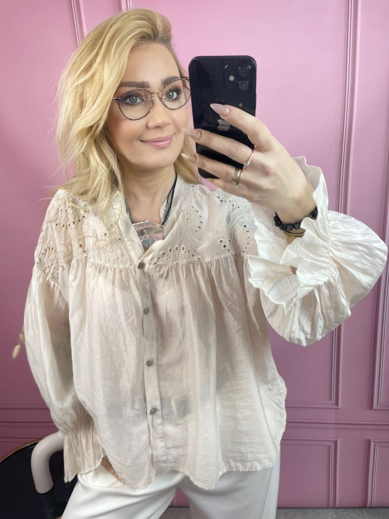 Koszula Transparentna z Haftem - Beż Koszula Transparentna z Haftem - Beż