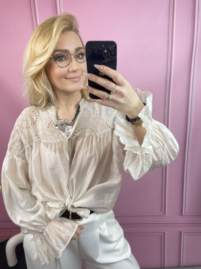 Koszula Transparentna z Haftem - Beż