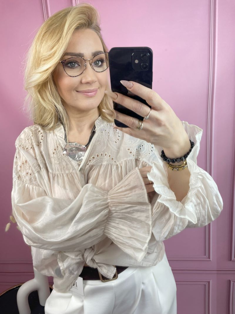 Koszula Transparentna z Haftem - Beż Koszula Transparentna z Haftem - Beż