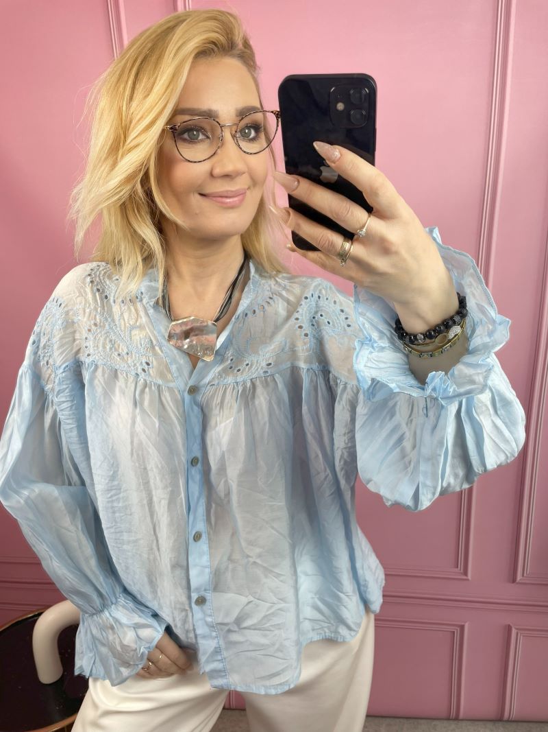 Koszula Transparentna z Haftem - Błękit Koszula Transparentna z Haftem - Błękit