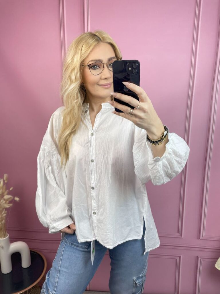 Koszula Bawełniana z Balonowym Rękawem - Biała