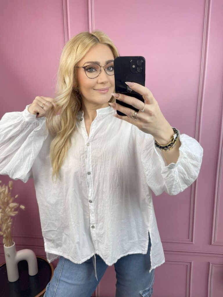 Koszula Bawełniana z Balonowym Rękawem - Biała