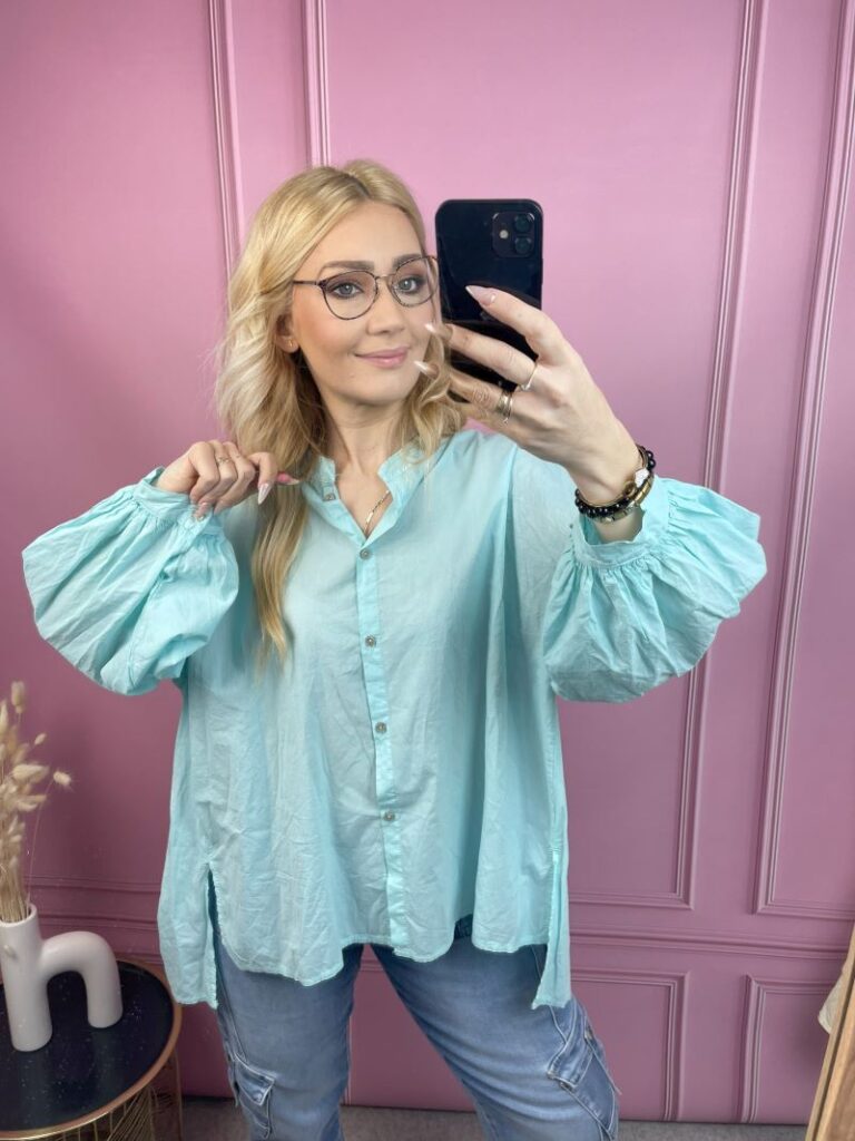 Koszula Bawełniana z Balonowym Rękawem - Mięta