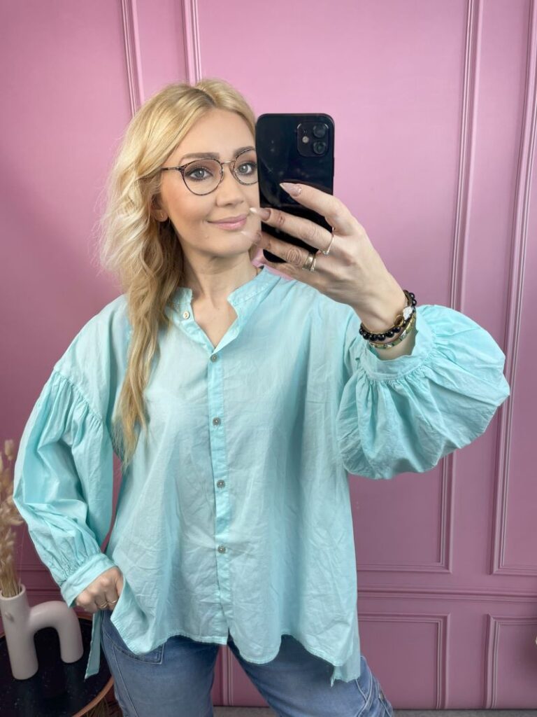 Koszula Bawełniana z Balonowym Rękawem - Mięta