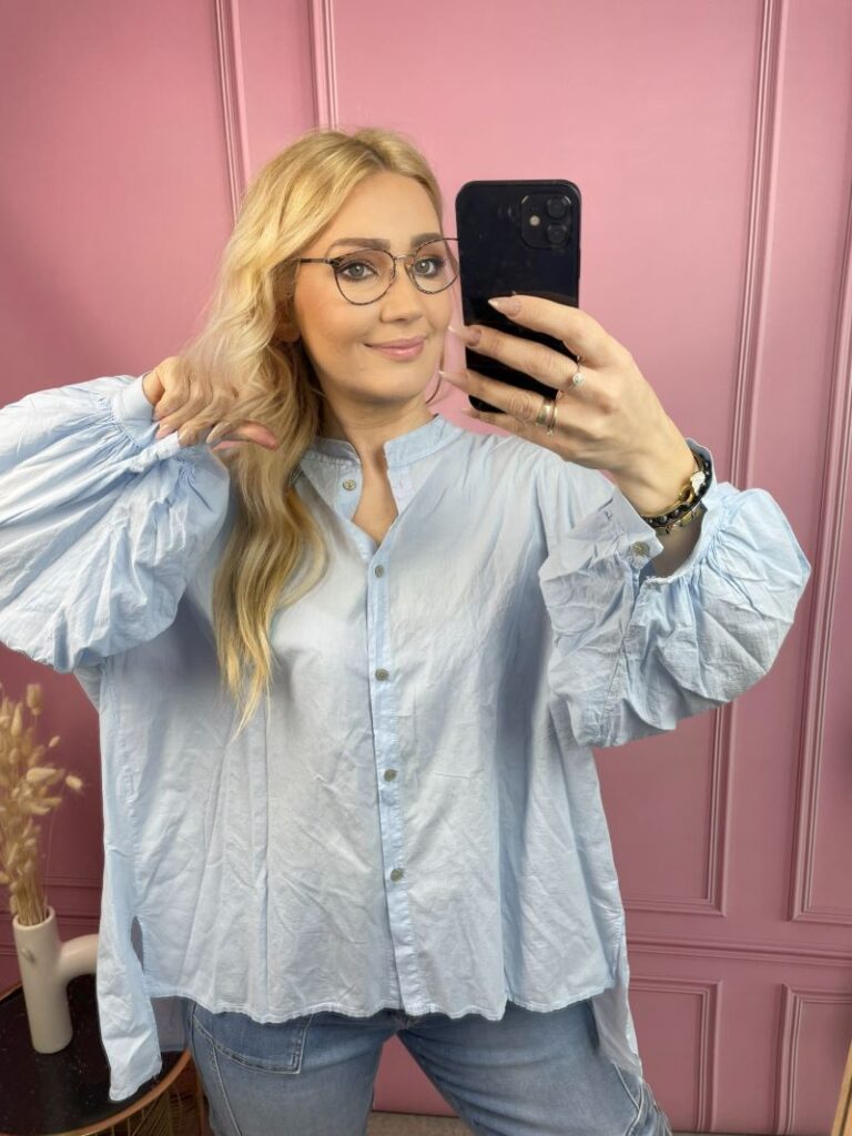 Koszula Bawełniana z Balonowym Rękawem - Pastelowy Błękit