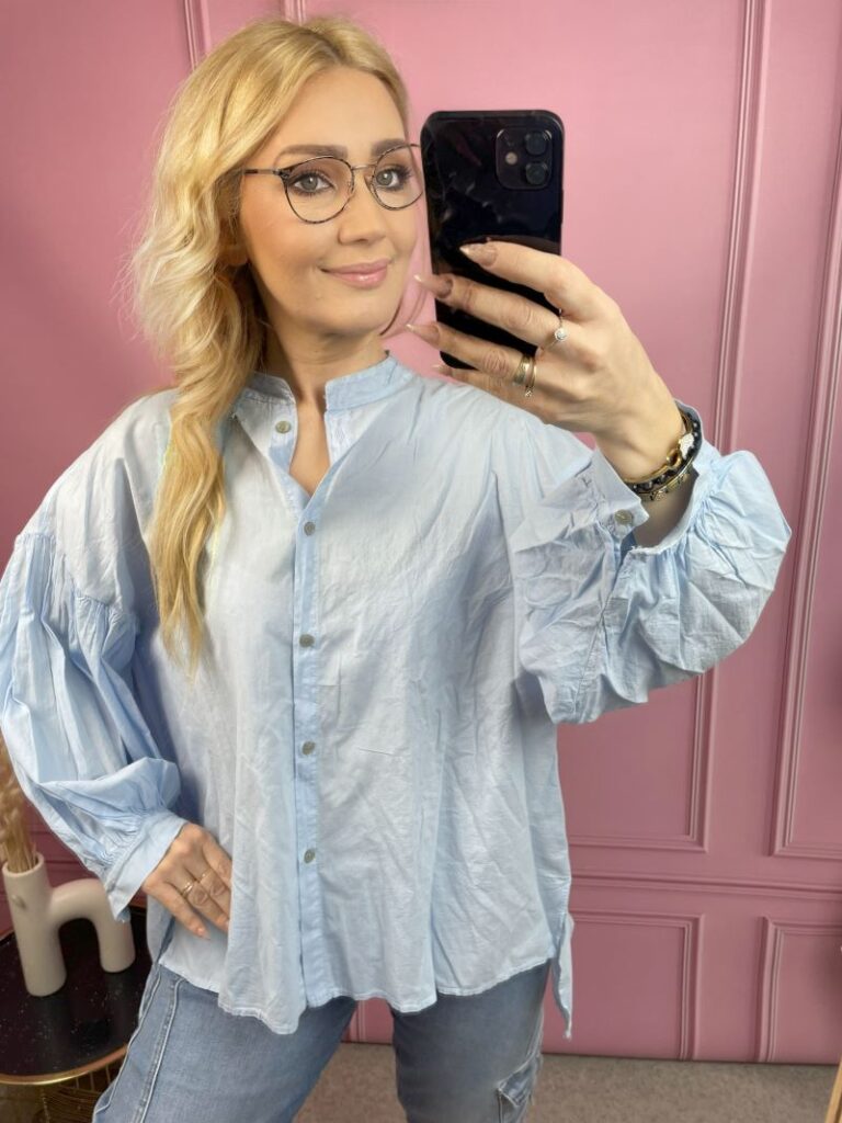 Koszula Bawełniana z Balonowym Rękawem - Pastelowy Błękit