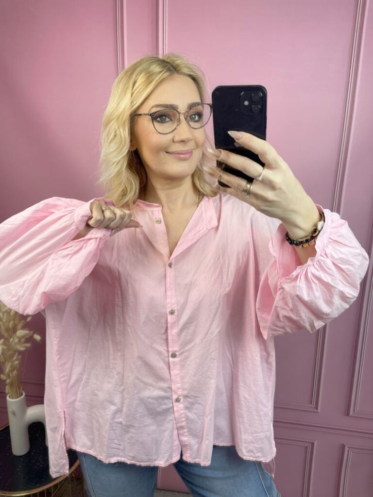 Koszula Bawełniana z Balonowym Rękawem - Pastelowy Róż