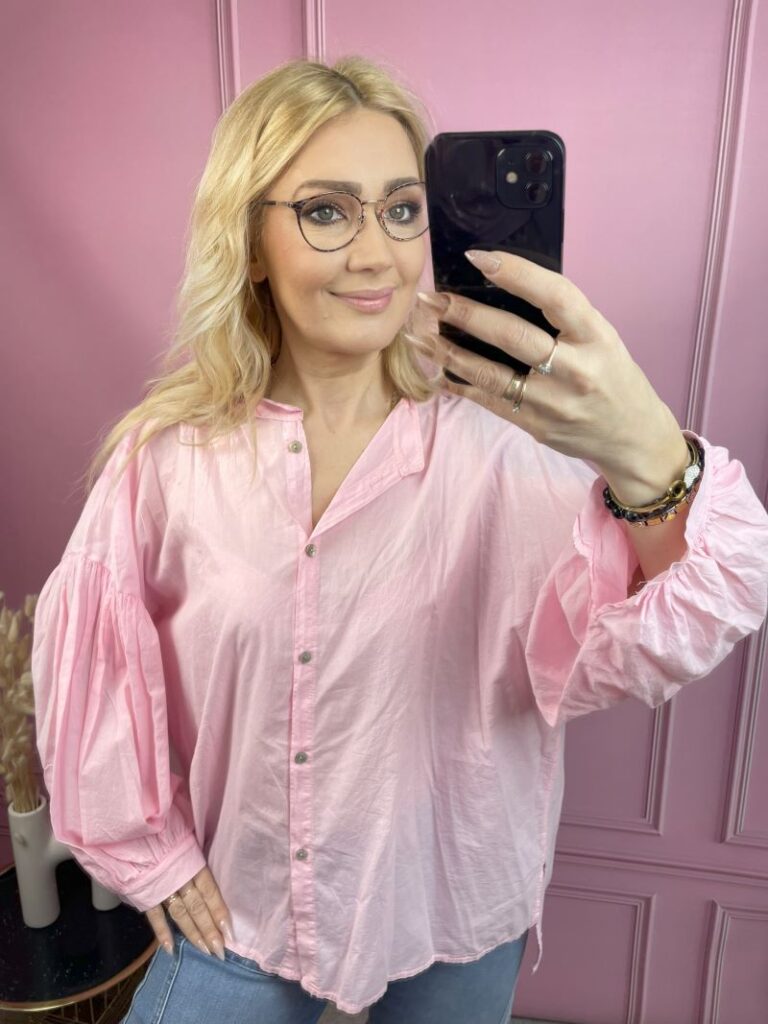 Koszula Bawełniana z Balonowym Rękawem - Pastelowy Róż