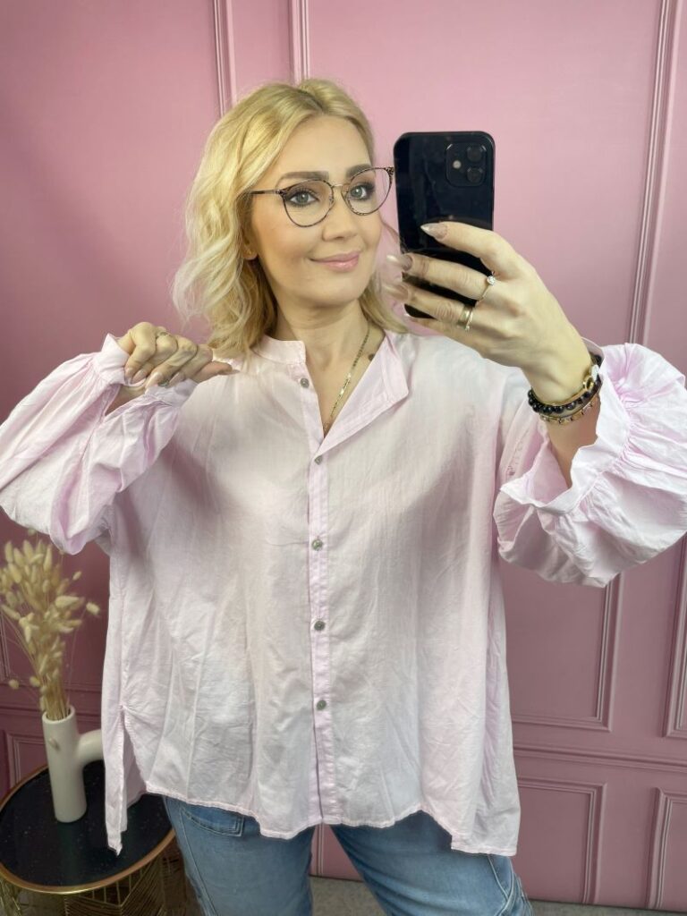 Koszula Bawełniana z Balonowym Rękawem - Pastelowy Fiolet