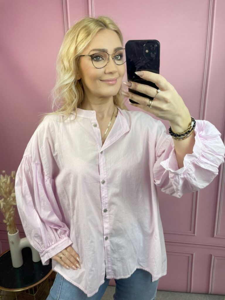 Koszula Bawełniana z Balonowym Rękawem - Pastelowy Fiolet