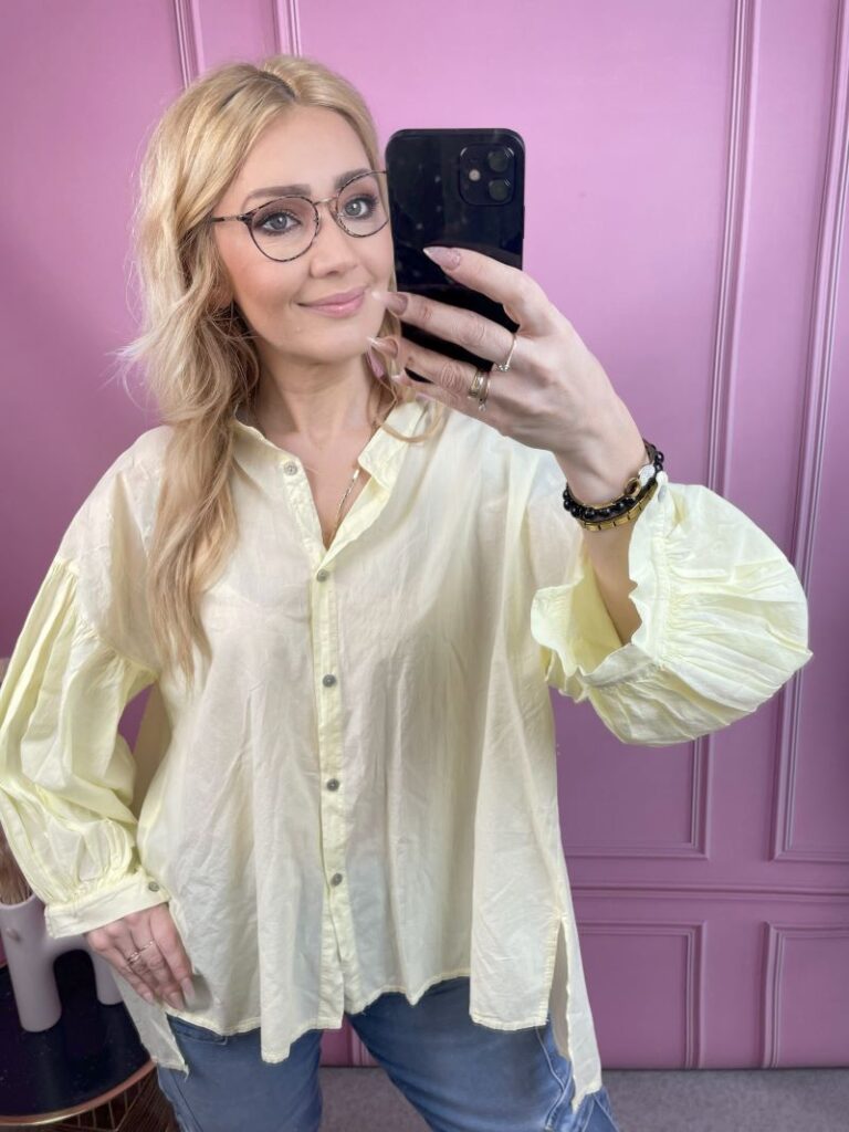 Koszula Bawełniana z Balonowym Rękawem - Żółta