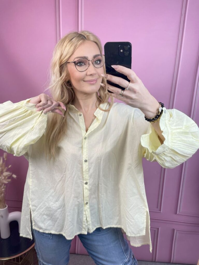 Koszula Bawełniana z Balonowym Rękawem - Żółta