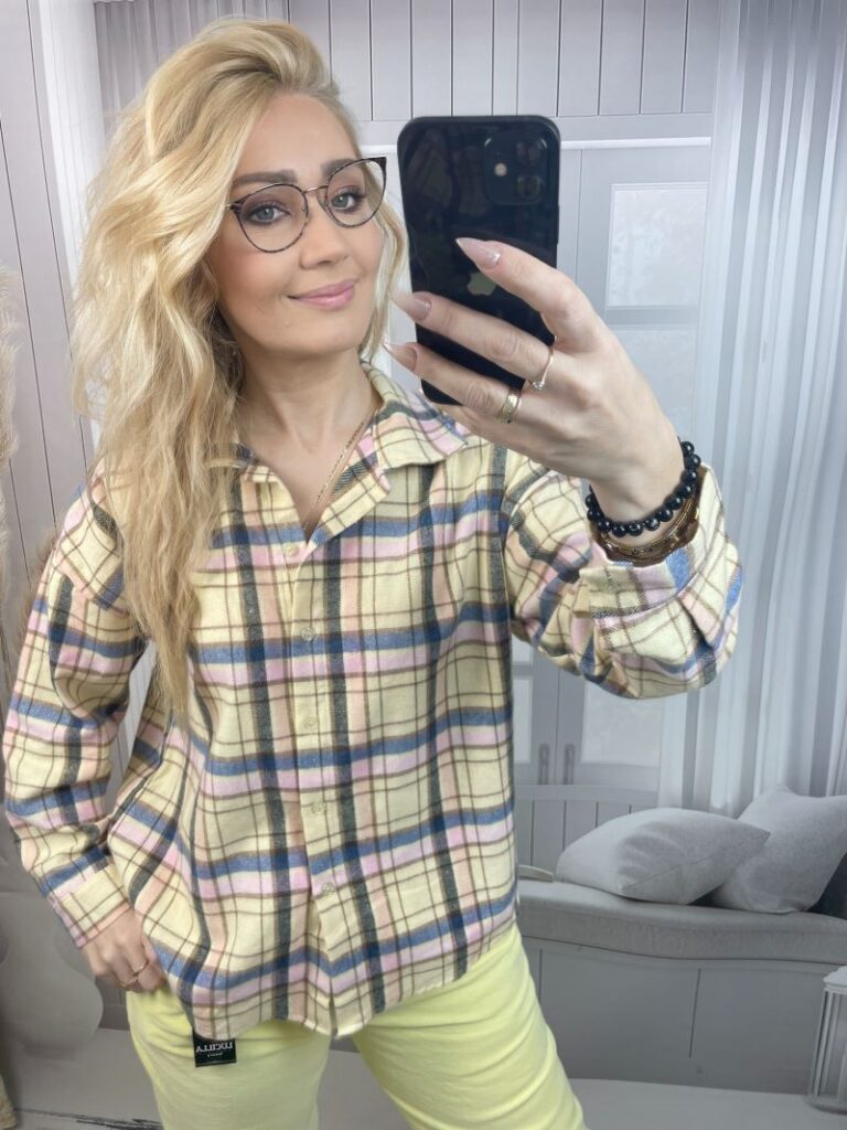 Koszula w Kratę - Żółty z Pudrowym Różem