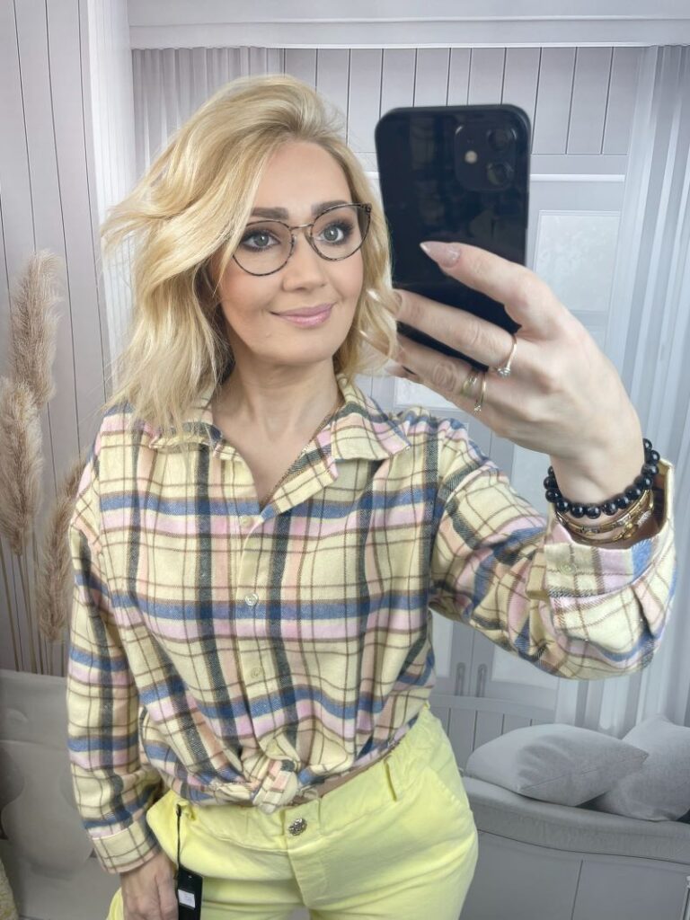 Koszula w Kratę - Żółty z Pudrowym Różem