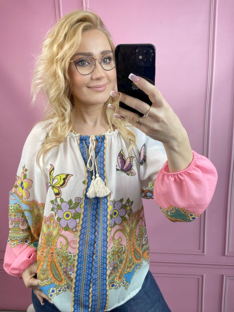 Bluzka Hiszpanka ze Wzorem Indyjskim - Róż Bluzka Hiszpanka ze Wzorem Indyjskim - Róż