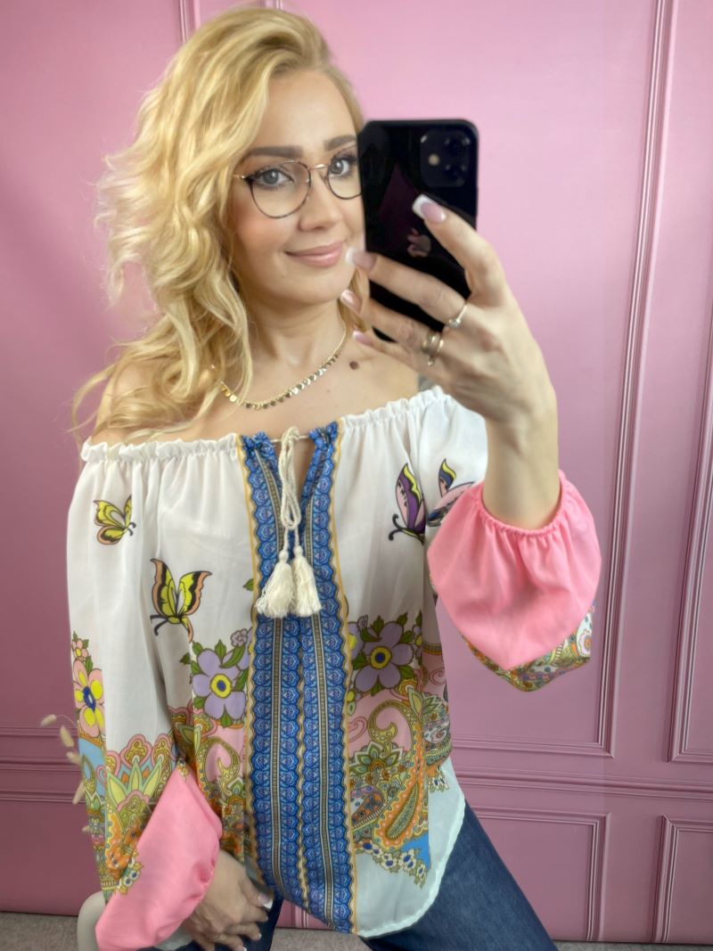 Bluzka Hiszpanka ze Wzorem Indyjskim - Róż Bluzka Hiszpanka ze Wzorem Indyjskim - Róż