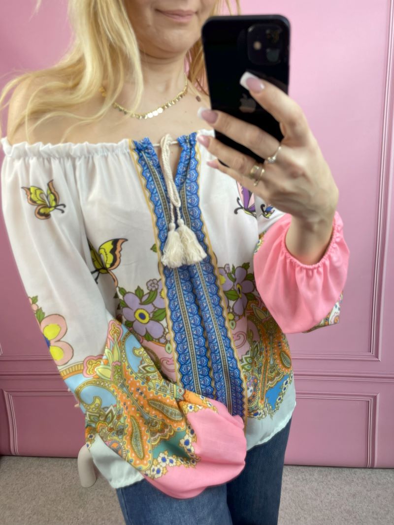 Bluzka Hiszpanka ze Wzorem Indyjskim - Róż Bluzka Hiszpanka ze Wzorem Indyjskim - Róż