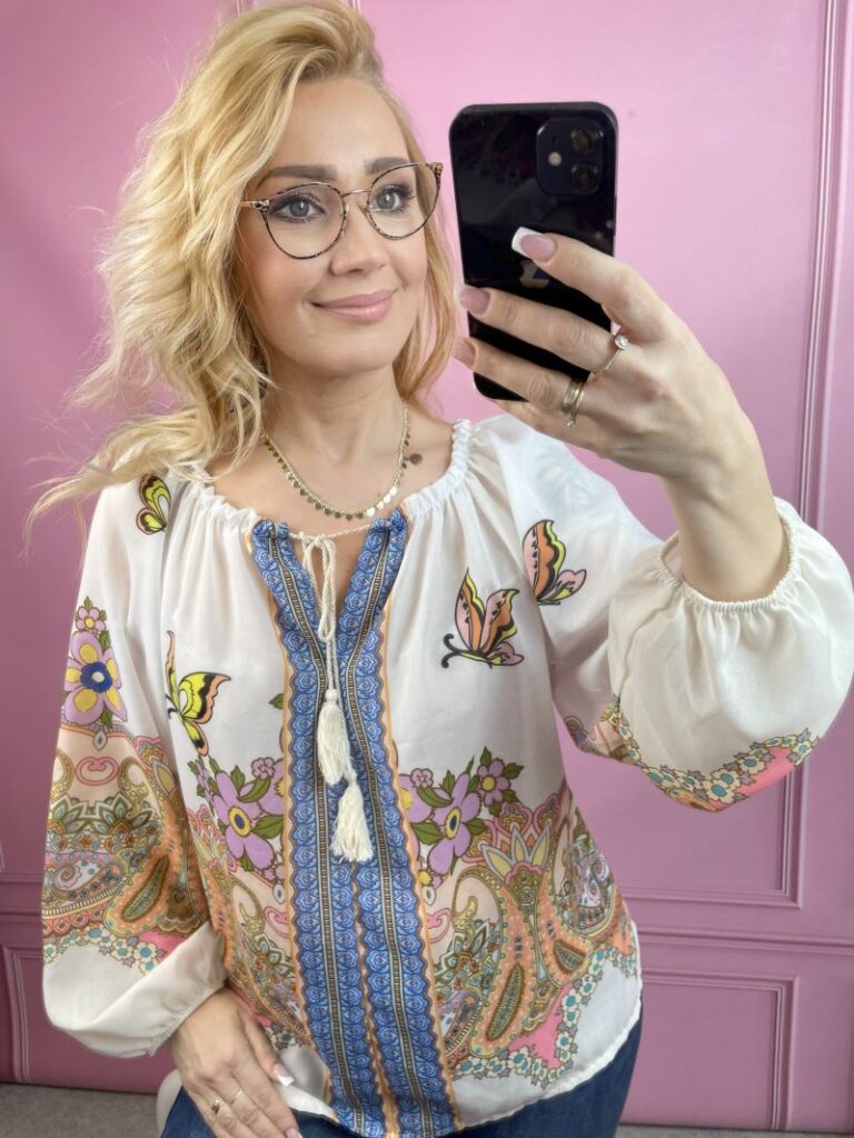 Bluzka Hiszpanka ze Wzorem Indyjskim - Jasny Beż