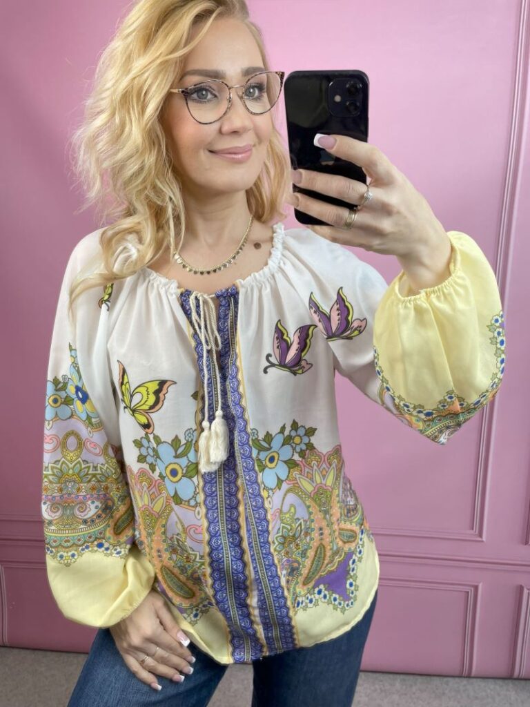 Bluzka Hiszpanka ze Wzorem Indyjskim - Pastelowy Żółty