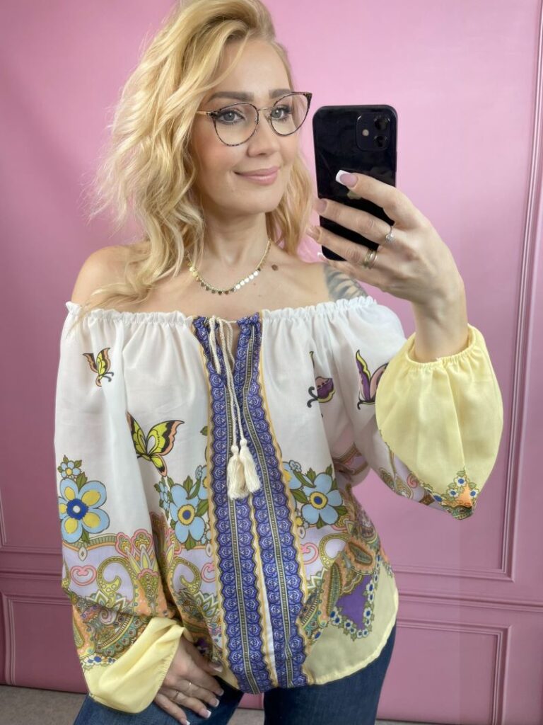 Bluzka Hiszpanka ze Wzorem Indyjskim - Pastelowy Żółty