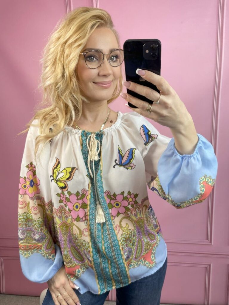 Bluzka Hiszpanka ze Wzorem Indyjskim - Błękit