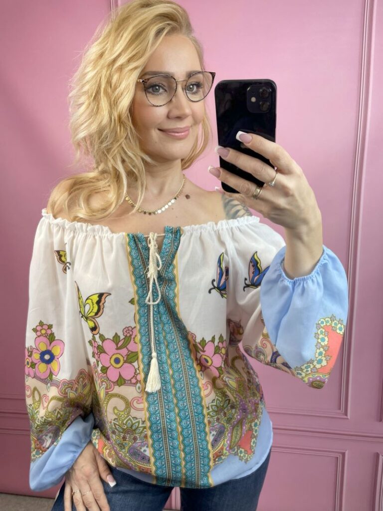 Bluzka Hiszpanka ze Wzorem Indyjskim - Błękit