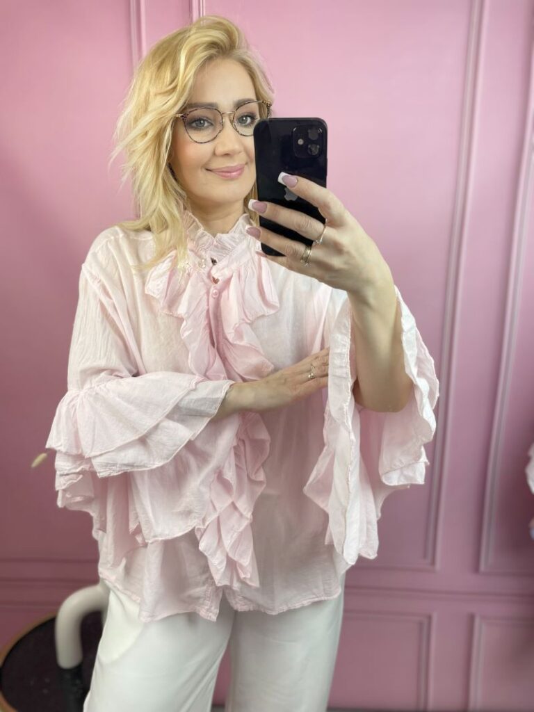 Koszula Bawełniana z Żabotem - Pudrowy Róż