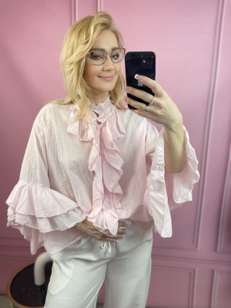 Koszula Bawełniana z Żabotem - Pudrowy Róż