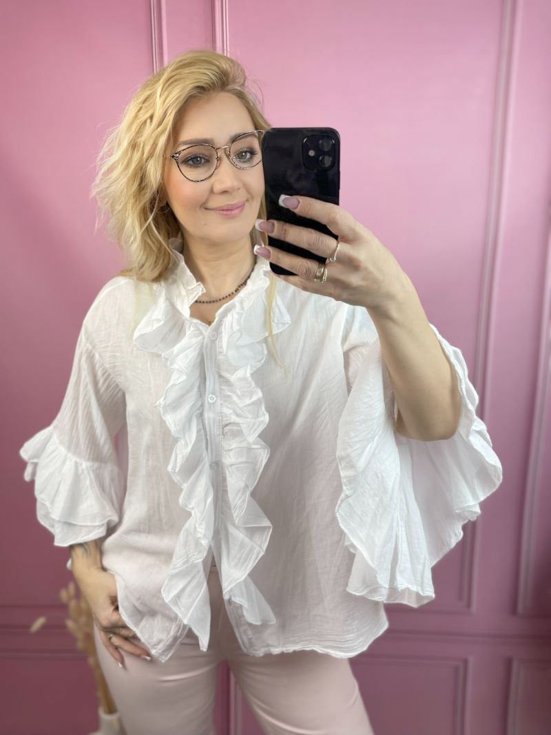 Koszula Bawełniana z Żabotem - Biała Koszula Bawełniana z Żabotem - Biała