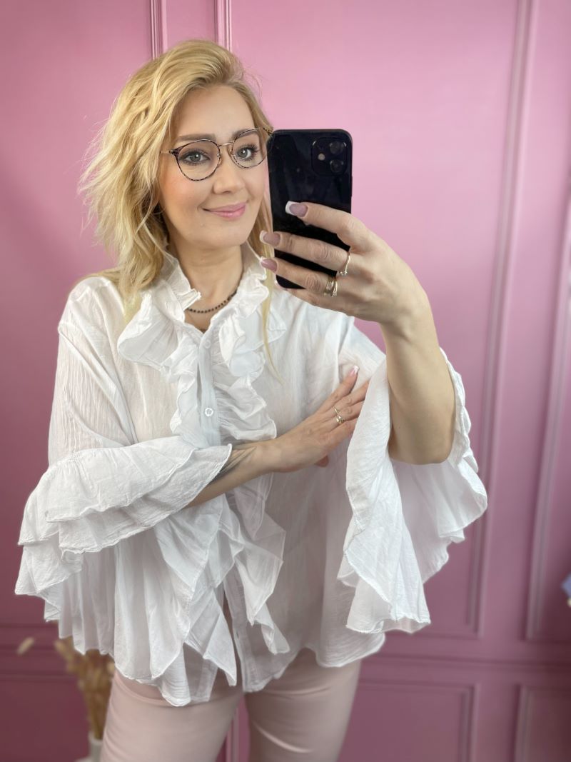 Koszula Bawełniana z Żabotem - Biała Koszula Bawełniana z Żabotem - Biała