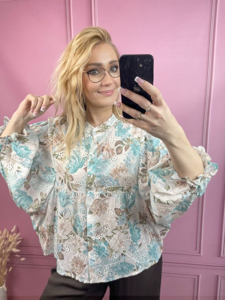 Koszula Haftowana w Kwiaty - Turkus