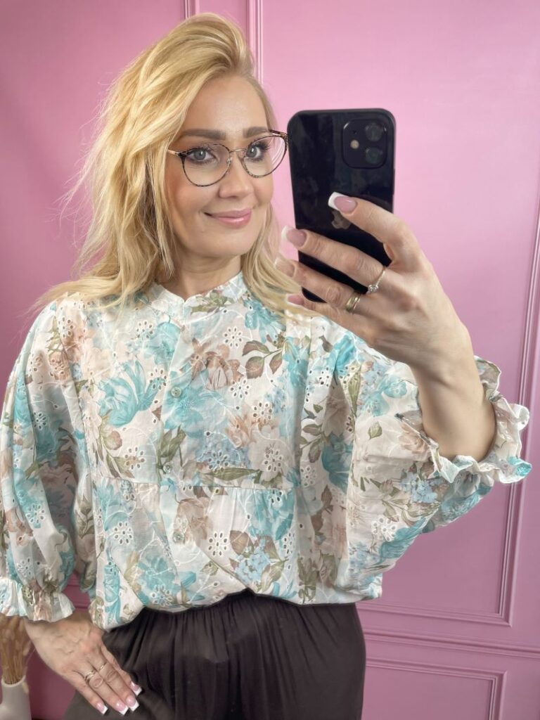 Koszula Haftowana w Kwiaty - Turkus