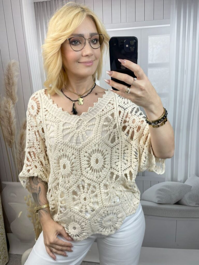 Bluzka Ażurowa z Topem - Kremowy
