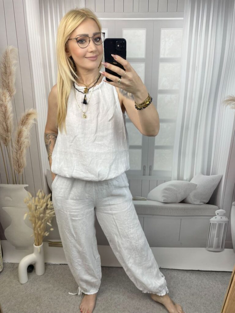 Komplet Lniany z Alladynkami - Biały