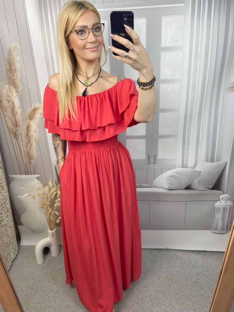 Sukienka Hiszpanka z Falbanami Maxi - Koral Sukienka Hiszpanka z Falbanami Maxi - Koral