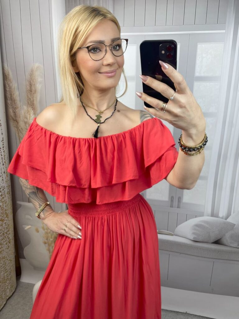 Sukienka Hiszpanka z Falbanami Maxi - Koral