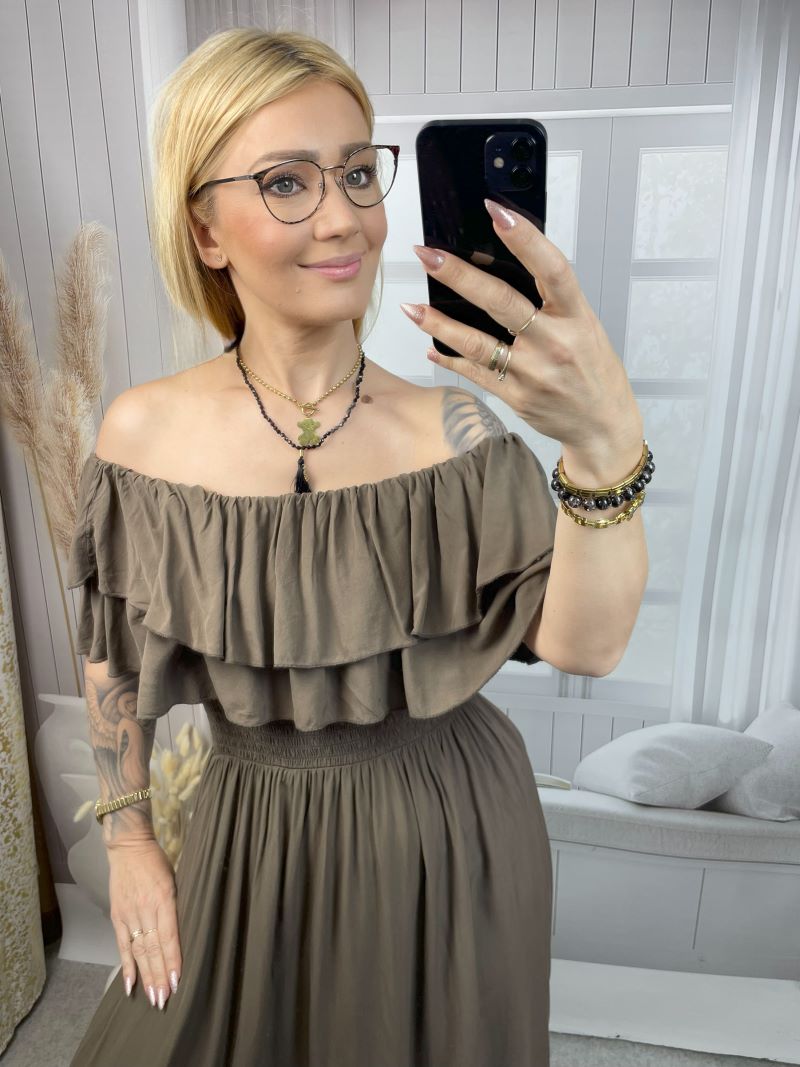 Sukienka Hiszpanka z Falbanami Maxi - Brąz Sukienka Hiszpanka z Falbanami Maxi - Brąz