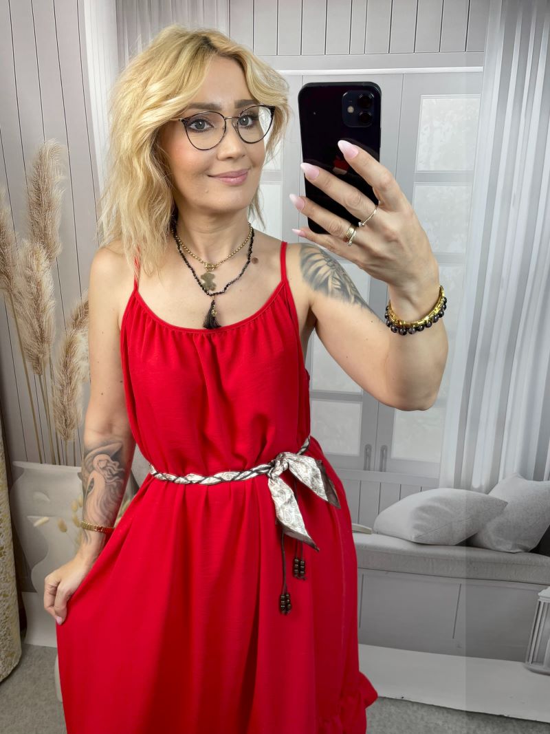 Sukienka Maxi Falbany - Czerwona Sukienka Maxi Falbany - Czerwona
