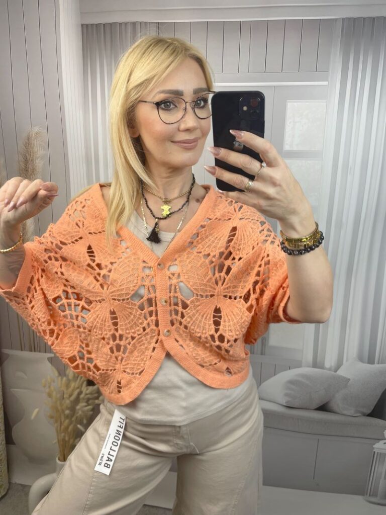 Sweter Ażurowy Zapinany - Łososiowy