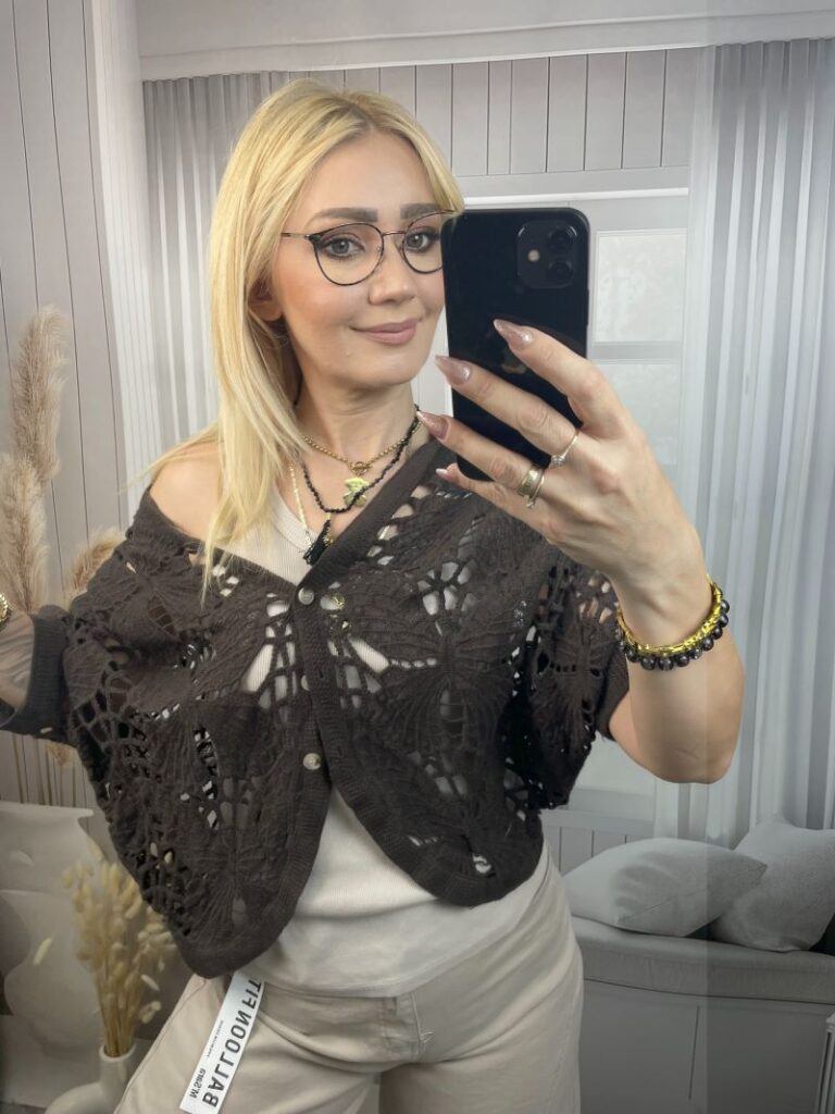 Sweter Ażurowy Zapinany - Czekolada