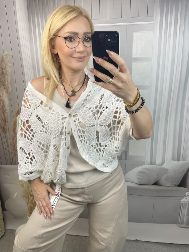 Sweter Ażurowy Zapinany - Biały