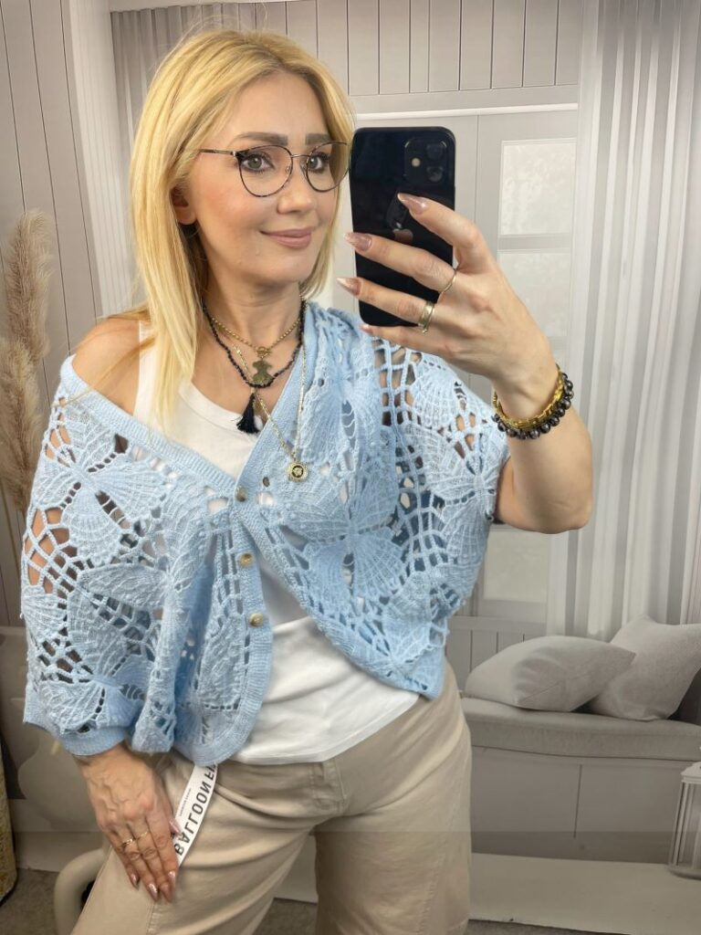 Sweter Ażurowy Zapinany - Błękit
